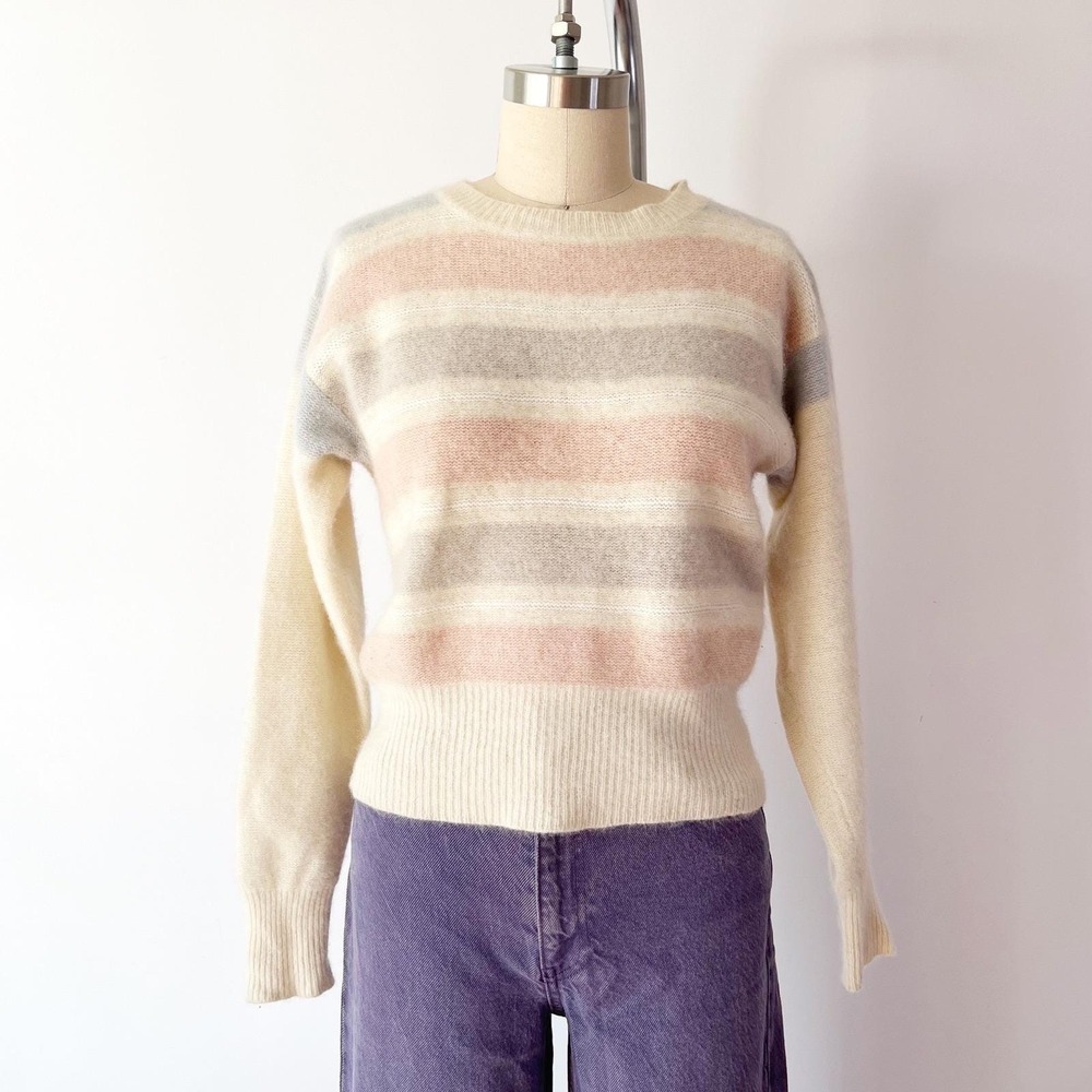 SIZE S/M Jones New York Petite Sweater Pastel Pink Grey Striped Angora Lambswool